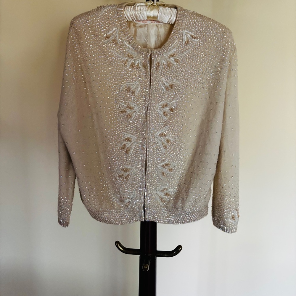 Vintage Beaded and Sequined Cream Color Cardigan Sweater, Size 48